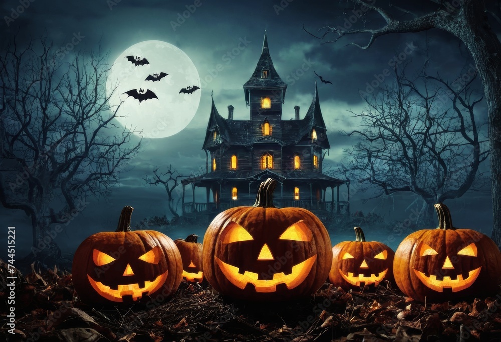 Halloween picture with castle, pumpkin, bats, cemetry and moon Halloween picture with castle, pumpkin, bats, cemetry and moon