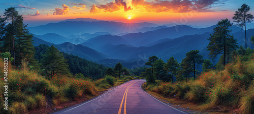 Beautiful mountainscape scenery and sunrise sky. Road to top of highest mountain of Thailand. 