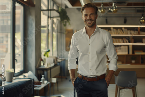 Successful Entrepreneur in Modern Office Space. Smiling businessman in a crisp white shirt in a trendy workspace.