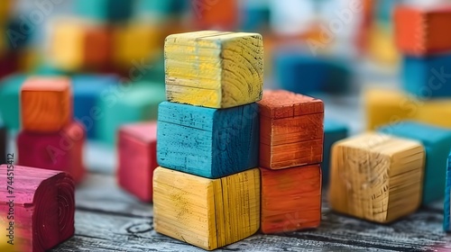 Colorful wooden building blocks. Selective focus