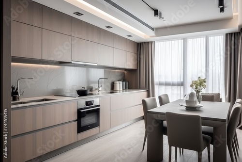 Modern kitchen in stylish apartment. house design idea with sleek interior on bright background