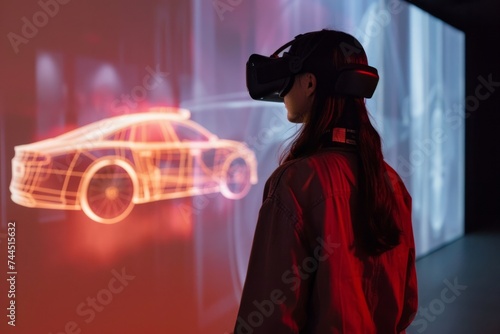 A person using virtual reality to interact with a 3D car model.