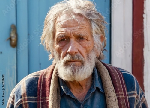 Portrait of a tired sad homeless man in dirty old clothes