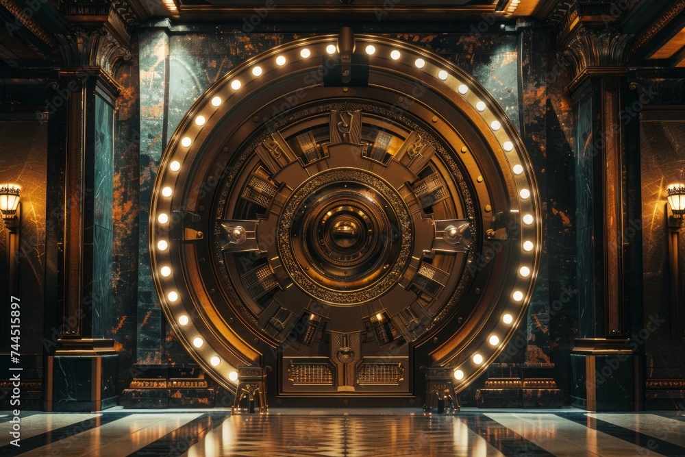 The ornate door of a large bank vault glowing under a golden light.
