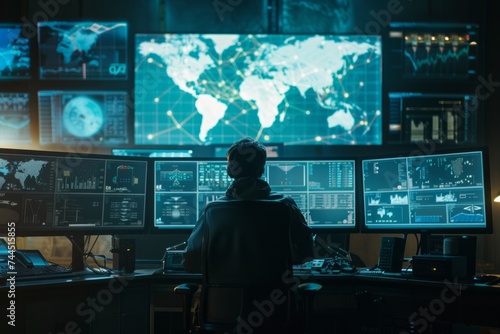 A control room with multiple computer monitors displaying various data, a large screen showing a digital map, and a lone individual observing the screens.