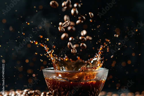Dynamic splash of coffee with beans falling around a cup.