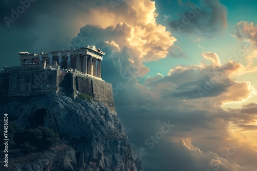 Mythical depiction of a Greek statue and temple on a cliff under a dramatic sky. photo