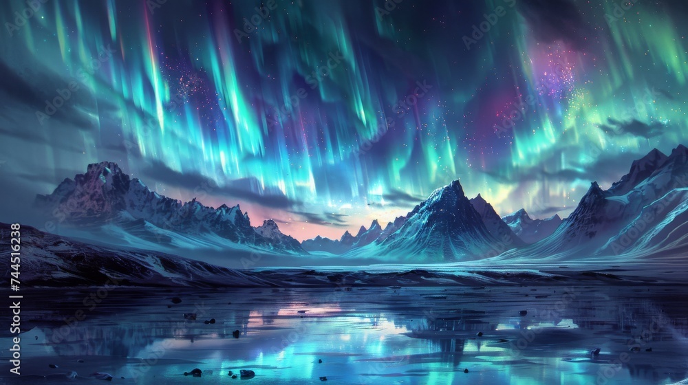Mystical Aurora Over Icy Mountainous Terrain A stunning aurora borealis paints the sky with vibrant colors over a reflective icy terrain crowned by rugged mountains.