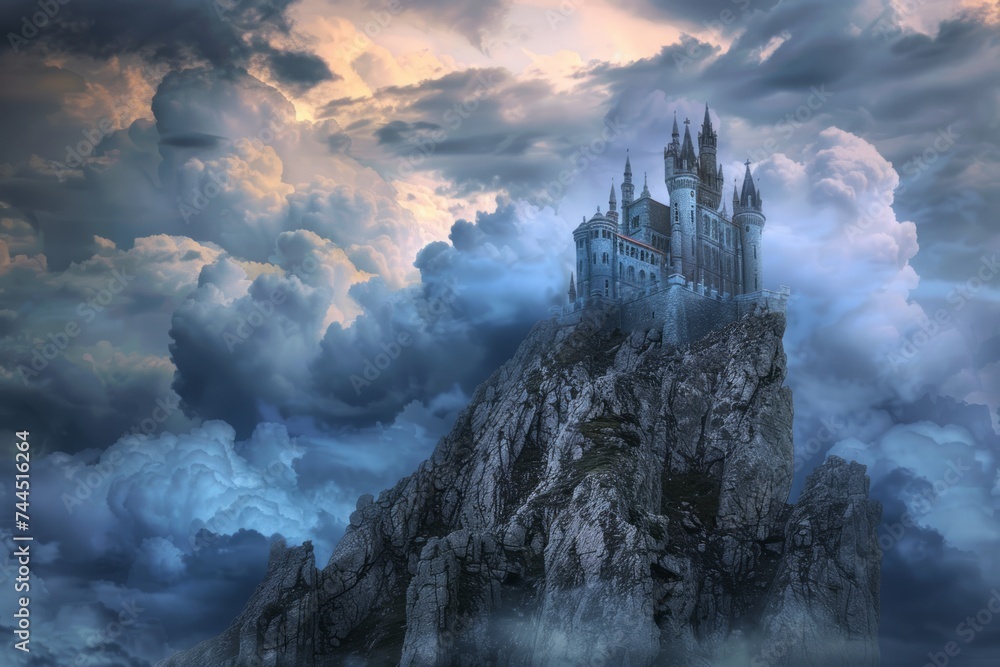 A fantastical castle perched atop a steep mountain, amidst a dramatic sky.