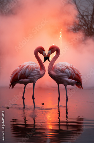 Two flamingo in love, very romantic pink