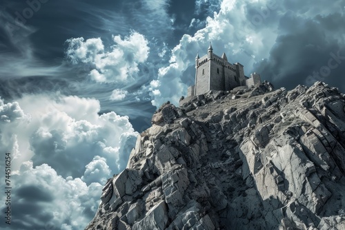 A fantastical castle perched atop a steep mountain  amidst a dramatic sky.