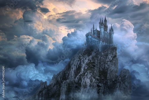 A fantastical castle perched atop a steep mountain, amidst a dramatic sky. photo