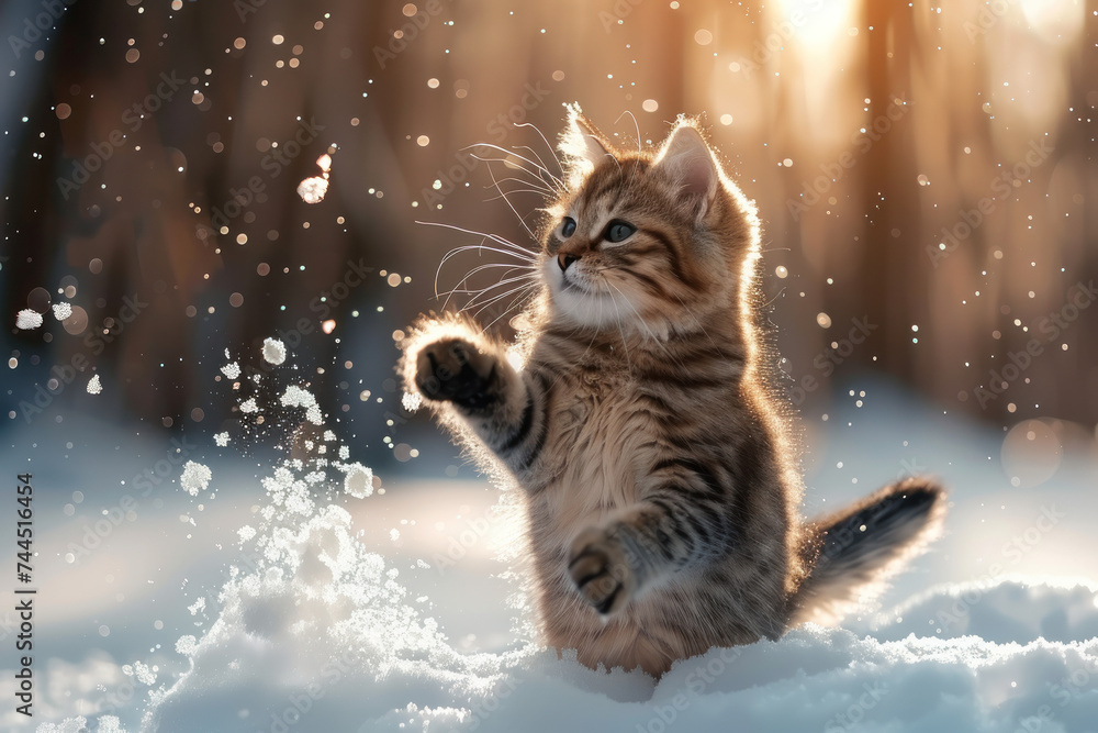 photo of adorable cute cat playing on the snow