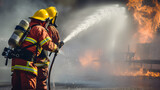 2 firefighters spraying high pressure water to fire with copy space