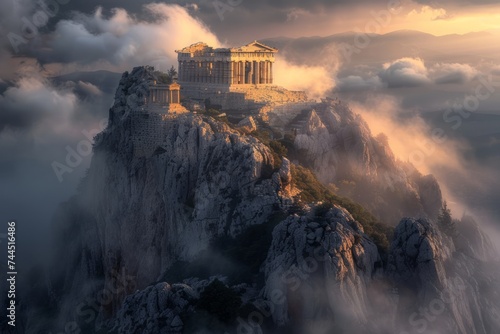 An ancient temple atop a mountain peak, surrounded by dramatic clouds and light with a sense of a mythical or heavenly place.