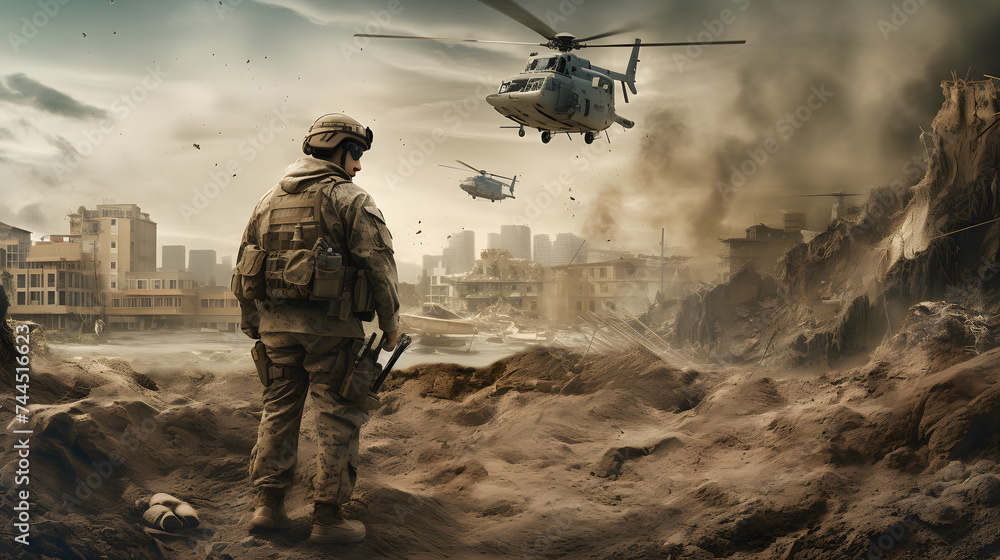 soldier with army in sand storming ruins and helicopters soldier with army in sand storming ruins and helicopters