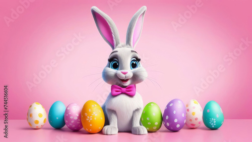 Animated easter bunny with colorful eggs on pink background. Have a blessed and happy Easter. Art Postcard Happy Easter Rabbit