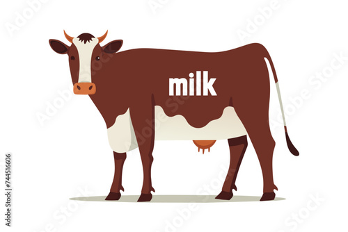 Brown cow with word milk. Cute farm pet. Young cow with dairy udder, milk. Vector ai flat isolated illustration