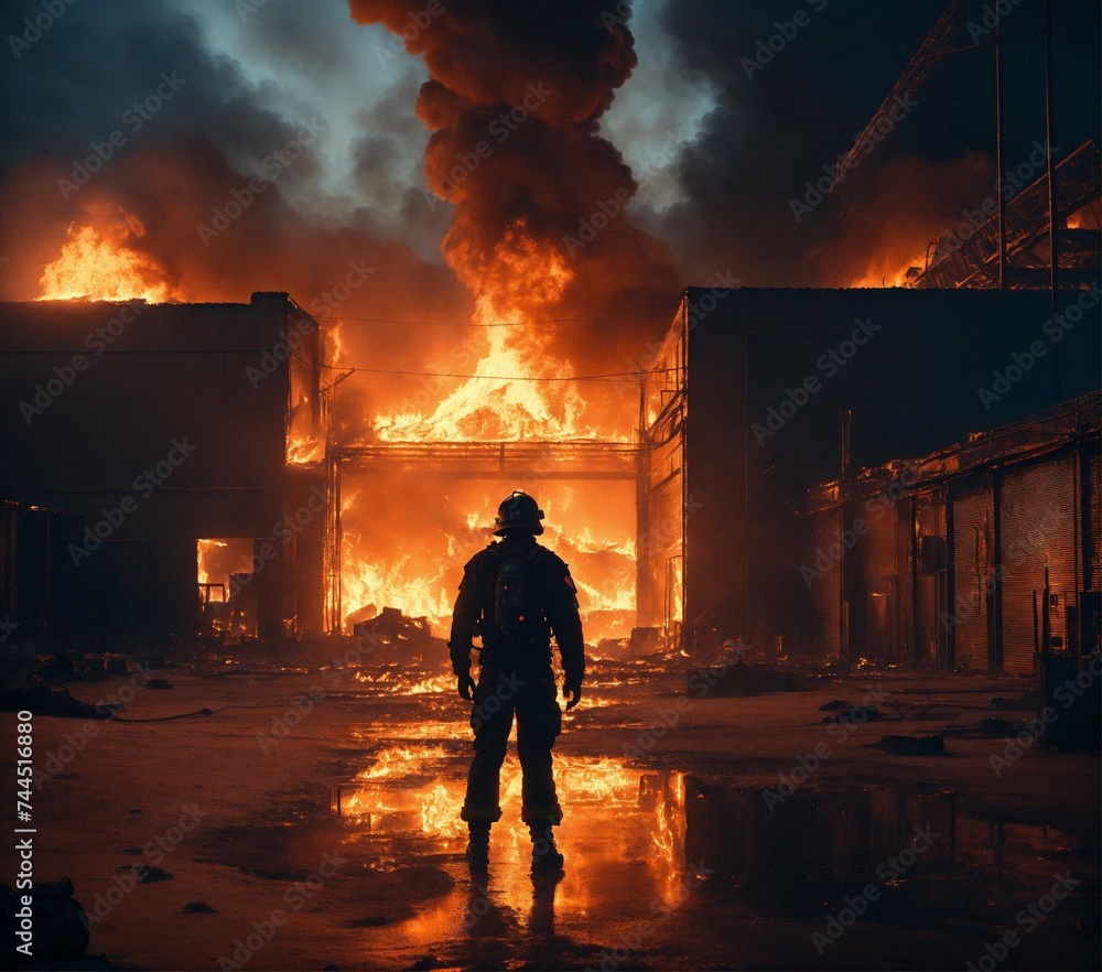 firefighter standing in front of building on fire