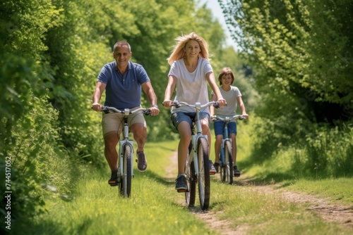 Happy family enjoying a cycling trip in the beautiful countryside on a bright and sunny day