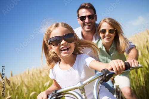 Happy family enjoying scenic bicycle ride in the countryside on a beautiful sunny day