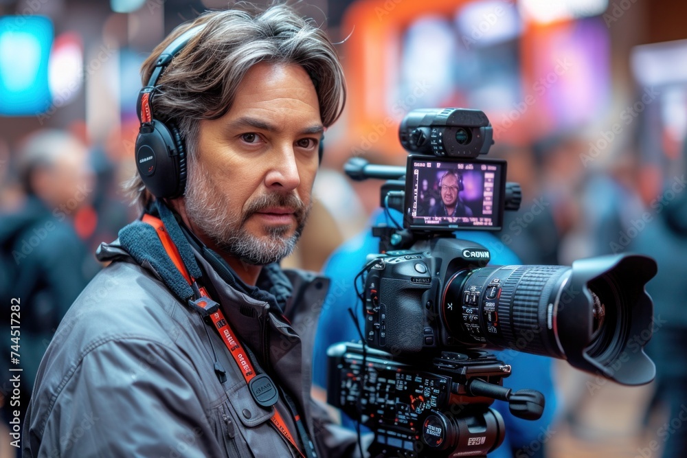 A journalist using a digital camera to record a video with headphones A journalist using a digital camera to record a video with headphones