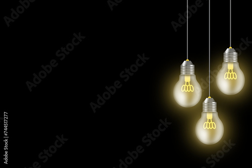 3 Light bulbs hanging on black background,Copy space illustration design
