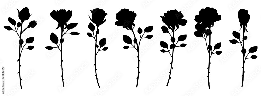 ばらのシルエットイラストセット、一輪の薔薇、バリエーション素材