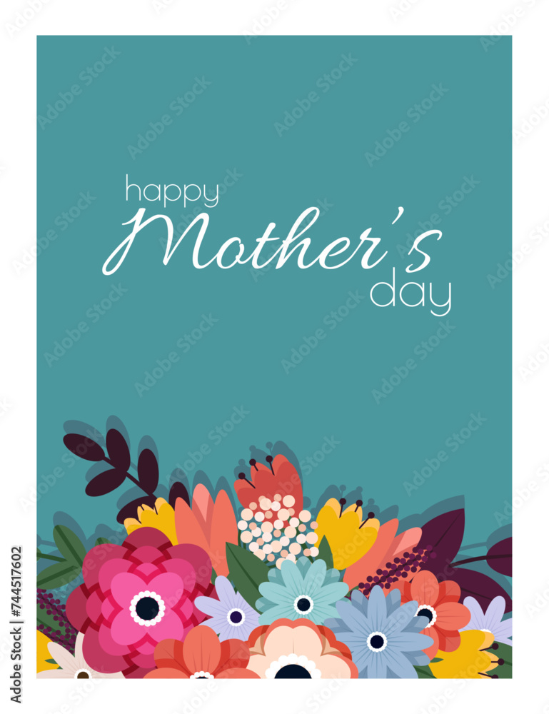 Happy Mother's Day greeting card. Happy Mother's Day celebration greeting card design decorated with flowers in flat hand drawn style.