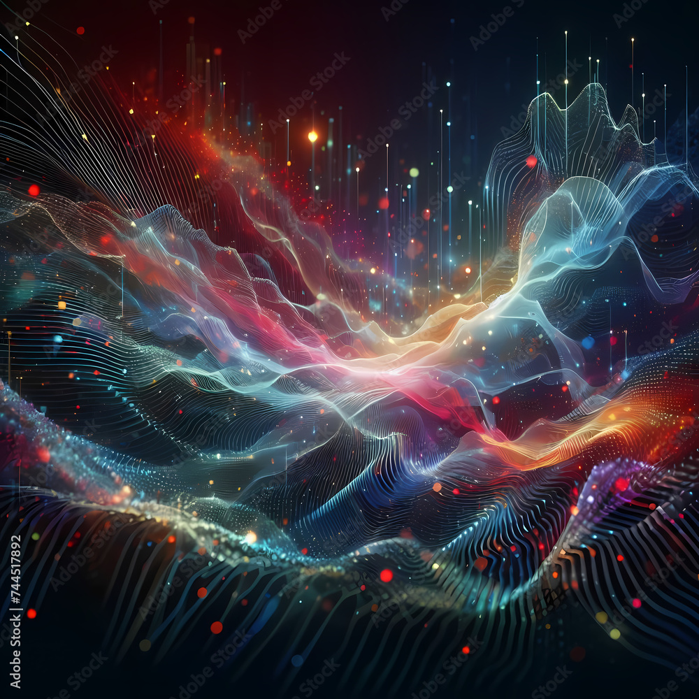  an abstract digital wave of particles, featuring a dynamic composition of colorful particles arranged in a wave-like formation, generative ai - obrazy, fototapety, plakaty 