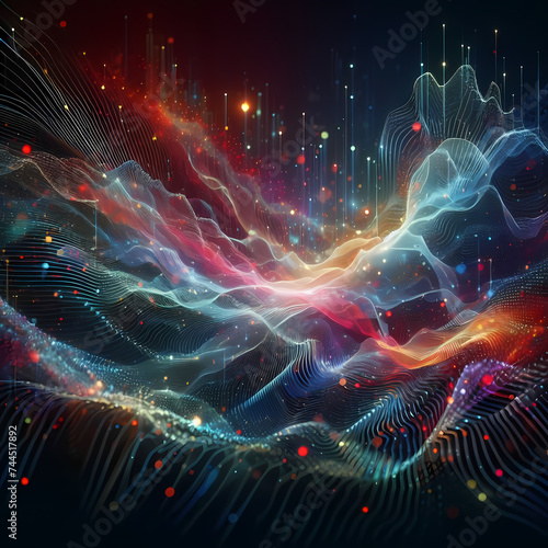  an abstract digital wave of particles, featuring a dynamic composition of colorful particles arranged in a wave-like formation, generative ai