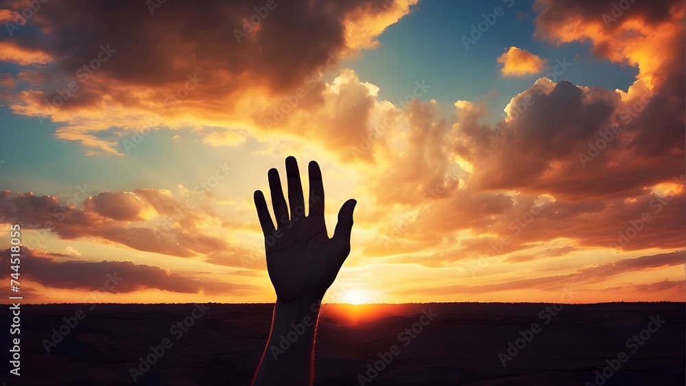 Hand reaching out for help in front of bright sunset sky