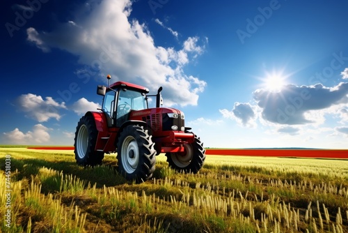 Modern tractor driven by farmer on sunny day in field, agriculture and farming concept