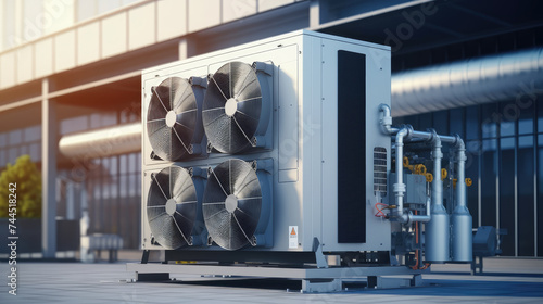 Industrial air conditioning units with large fans on the roof of a modern building at sunset.