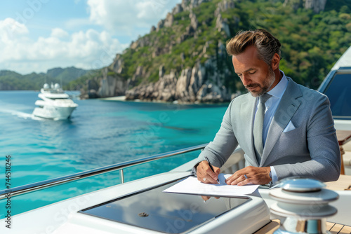 An elegantly dressed man signs documents on a yacht with the sea and another yacht in the background.
