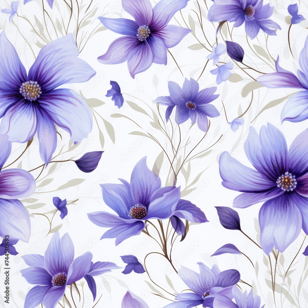 Close-up of vibrant purple flower petals and lush green leaves on clean white background