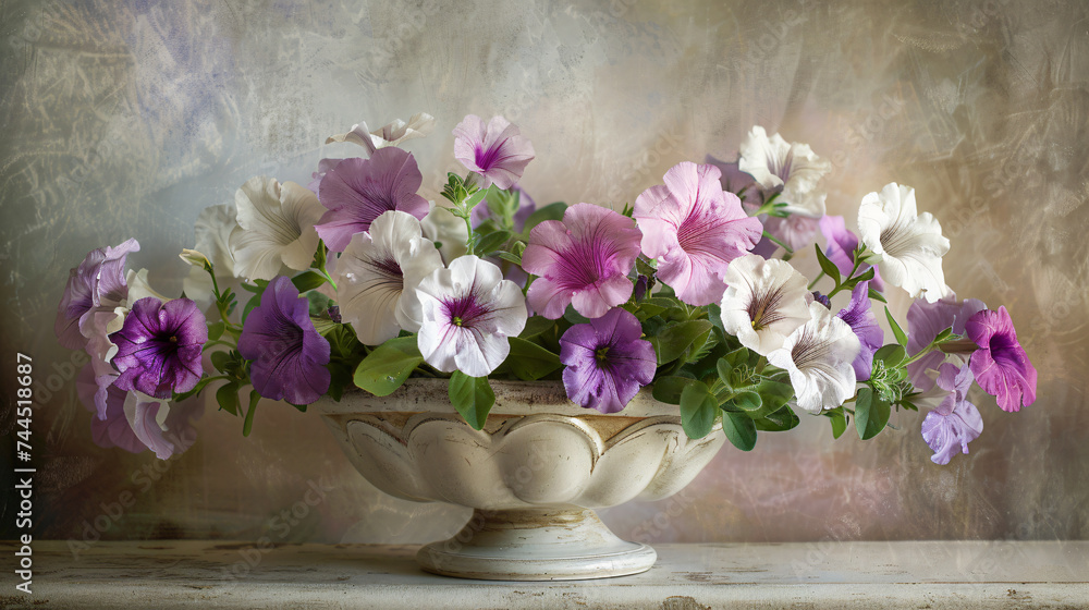 vintage-inspired floral arrangement featuring Petunias. 