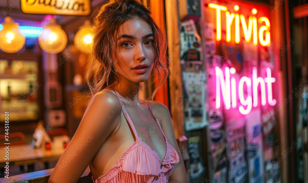 Glamorous young woman in a pink dress posing next to a neon Trivia Night sign, exuding a playful and intelligent vibe for a night of fun and games