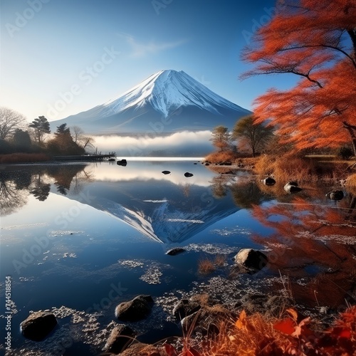 Colorful autumn season and mt. Fuji with morning fog and red leaves at lake kawaguchiko in japan photo