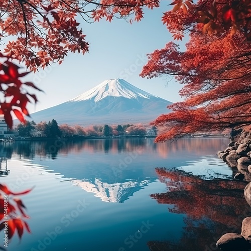 Mount fuji and colorful autumn at lake kawaguchiko with morning fog and red leaves in japan photo