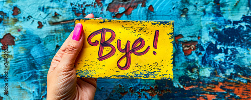 Handwritten Bye! farewell message on a yellow sticky note with pink marker, symbolizing parting, goodbyes, end of communication, or leaving photo