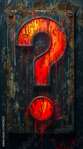Glowing Red Question Mark on Dark Rustic Background with Dripping Paint, Symbolizing Mystery, Inquiry, and the Search for Answers in the Unknown