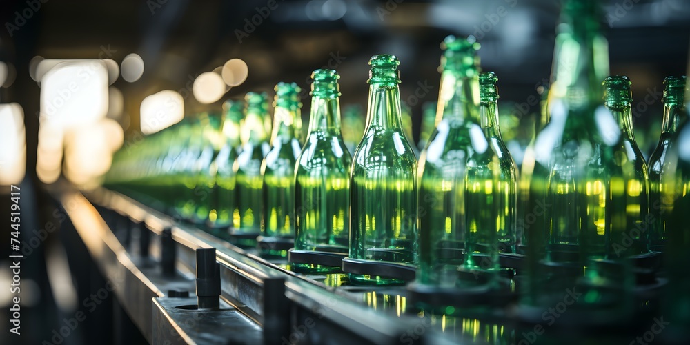Production Line: Green Glass Bottles on Conveyor Belt. Concept Green Glass Bottles, Production Line, Conveyor Belt, Manufacturing Process, Industrial Automation Production Line: Green Glass Bottles on Conveyor Belt. Concept Green Glass Bottles, Production Line, Conveyor Belt, Manufacturing Process, Industrial Automation