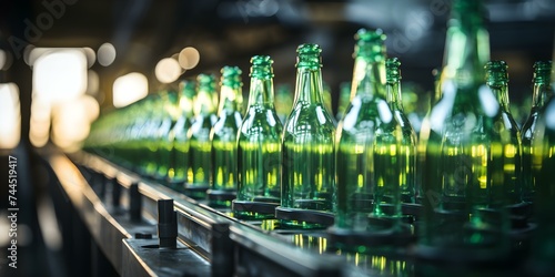 Production Line: Green Glass Bottles on Conveyor Belt. Concept Green Glass Bottles, Production Line, Conveyor Belt, Manufacturing Process, Industrial Automation