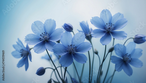 A bunch of blue flowers set against a soft textured background in varying shades of blue and the play of light and shadow creates an abstract design imbuing the image with a sense of mystery and calmn