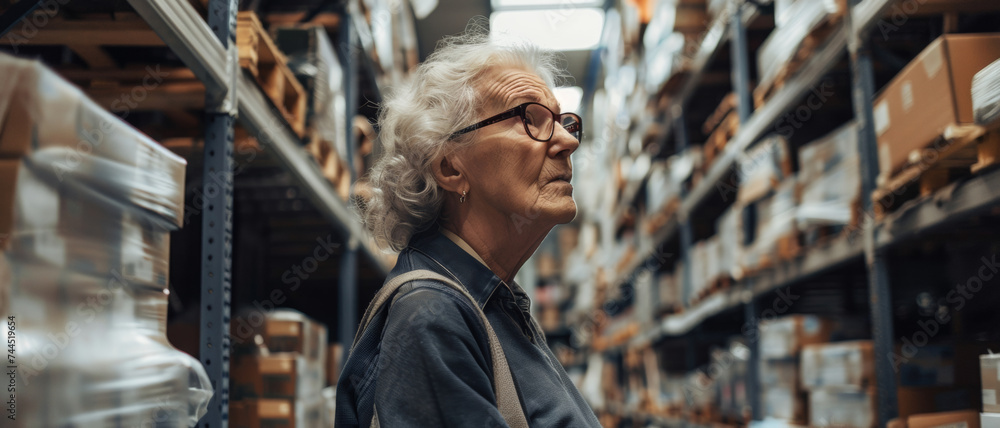 Elderly woman in contemplation amid the towering aisles of a warehouse store, embodying years of wisdom. Elderly woman in contemplation amid the towering aisles of a warehouse store, embodying years of wisdom.