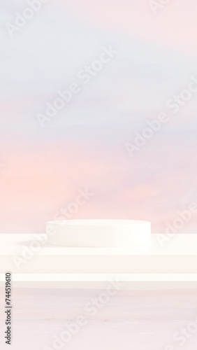 3D render of a round podium against a backdrop of clear water with a light pink hue in portrait