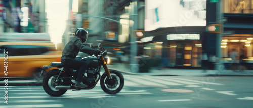 Biker streaks through bustling city streets with motion blur effect.