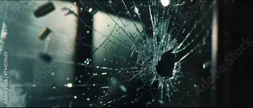 Bullet holes in glass window, a chilling depiction of violence or accident. photo
