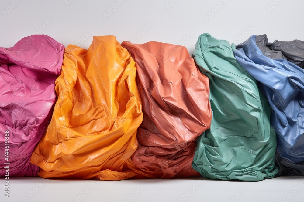 Vibrant abstract composition of colorful crumpled paper elements on white background